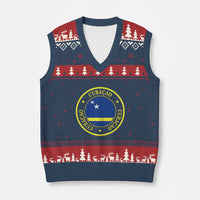Curaçao Football Pride Circular Crest Vintage V-Neck Knit Sweater Vest Curacao Flag Soccer Fans Graphic