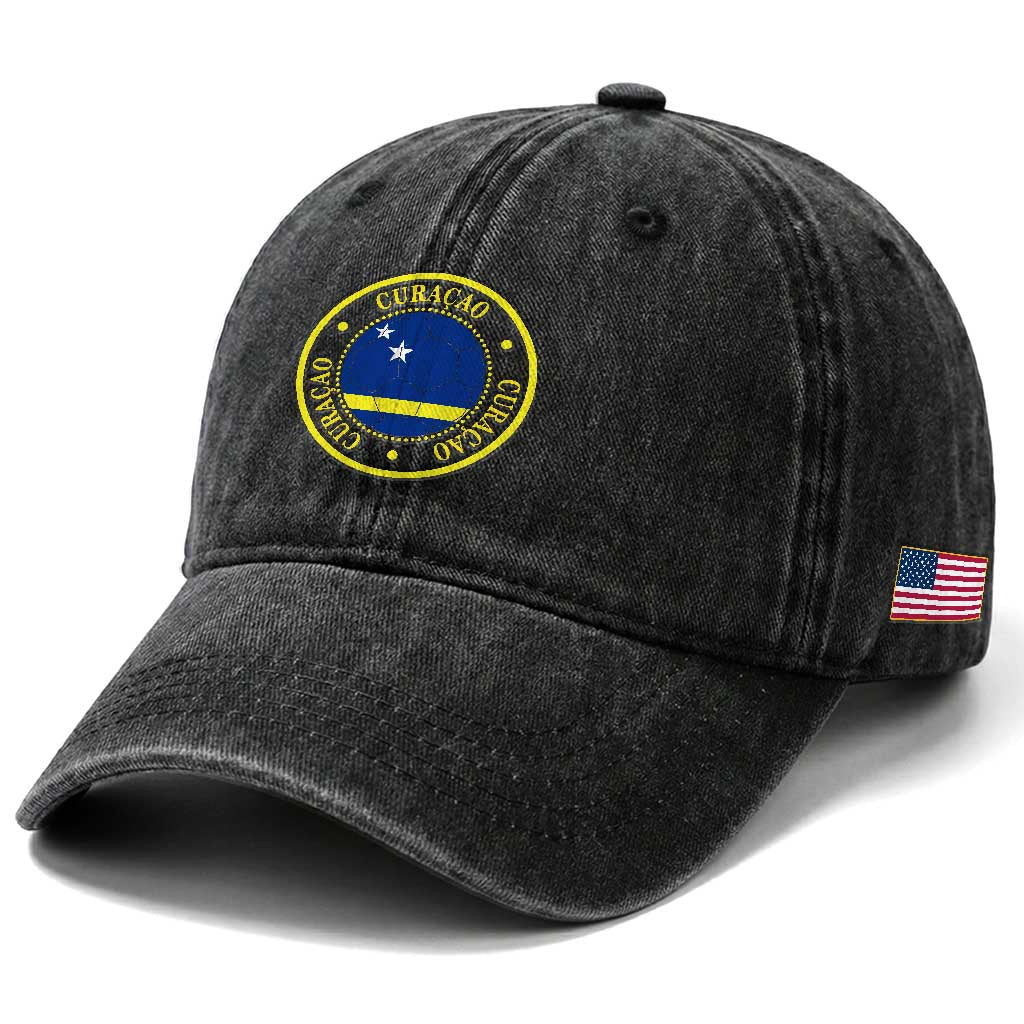 Curaçao Football Pride Circular Crest Vintage Washed Cotton Baseball Cap Curacao Flag Soccer Fans Graphic