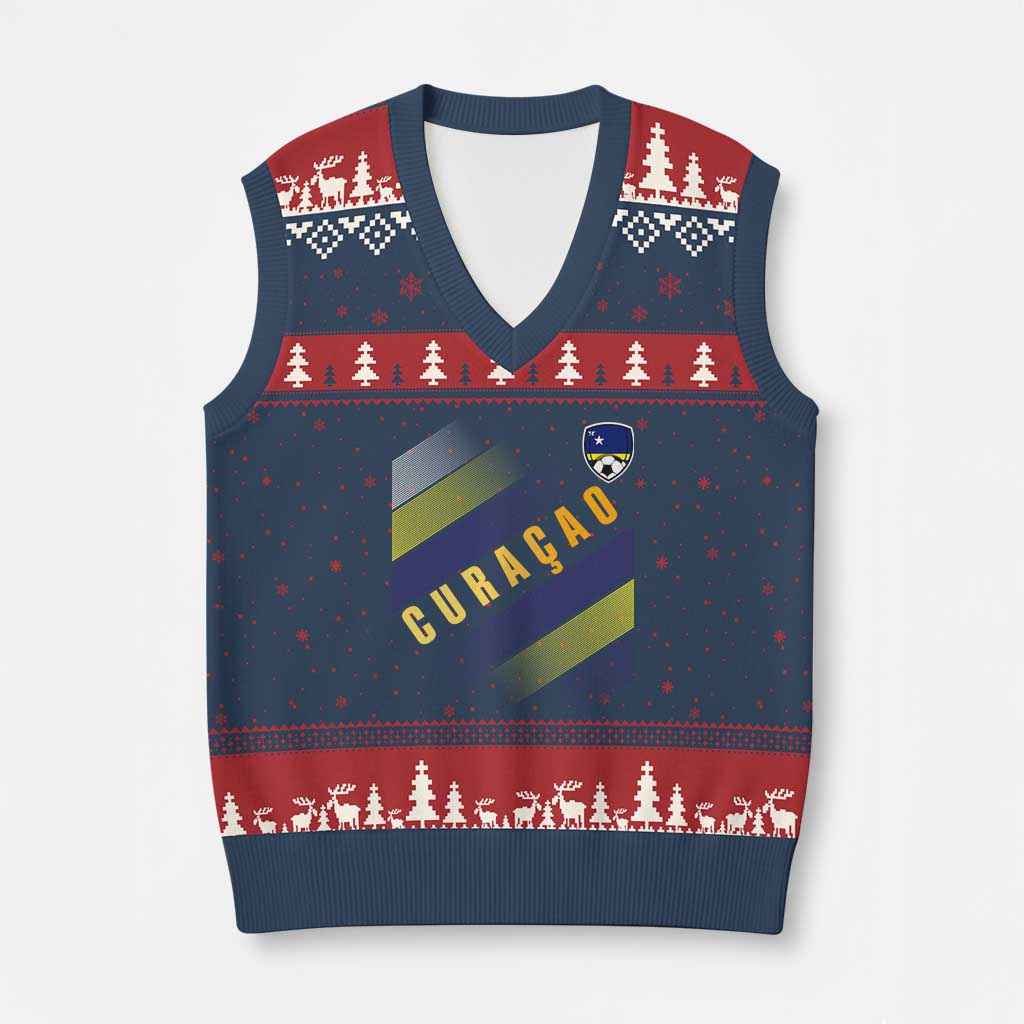 Curaçao Soccer Flag Stripe Jersey Style V-Neck Knit Sweater Vest Football Fans Pride Support