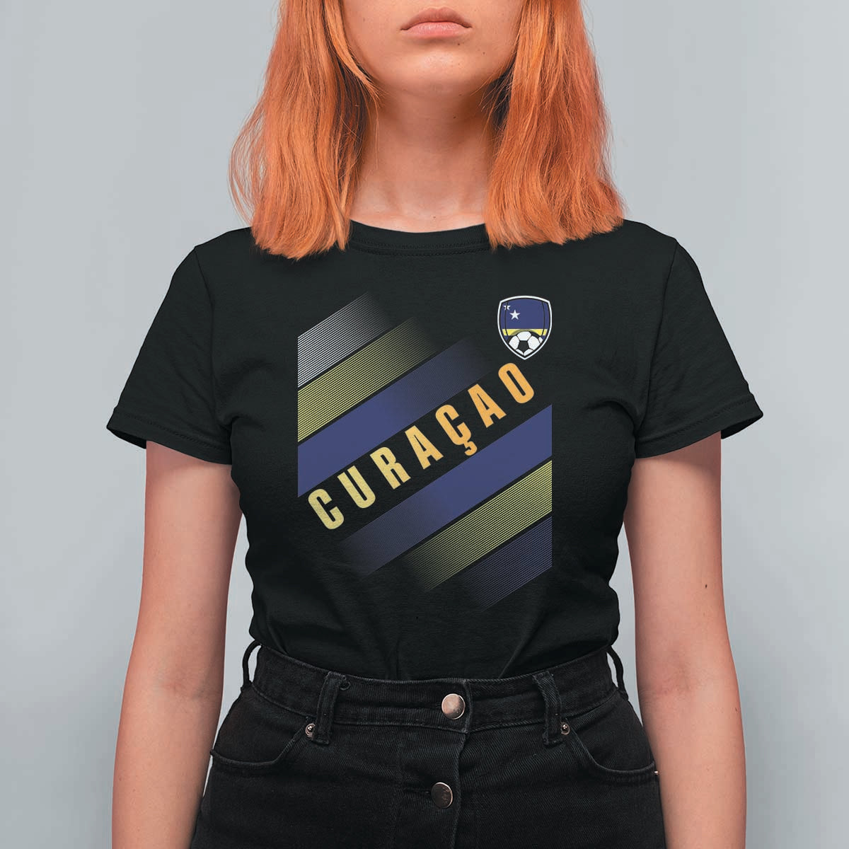 Curaçao Soccer Flag Stripe Jersey Style T Shirt For Women Football Fans Pride Support