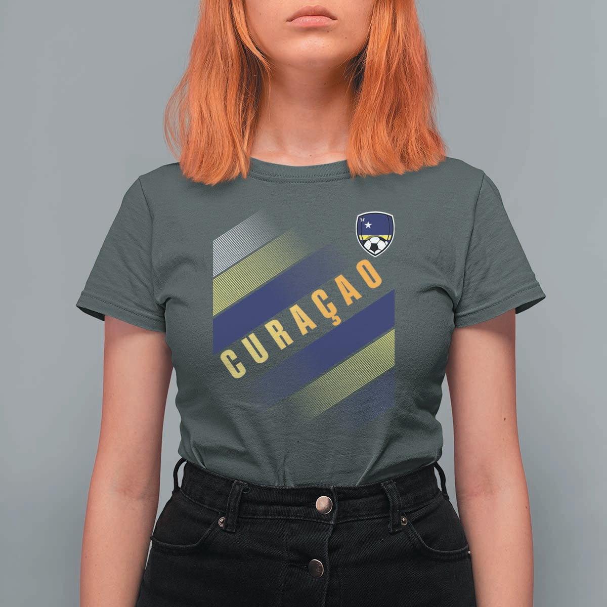 Curaçao Soccer Flag Stripe Jersey Style T Shirt For Women Football Fans Pride Support