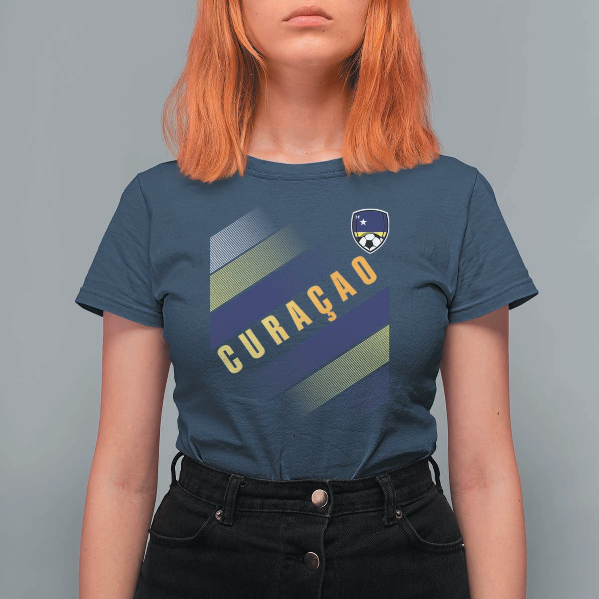 Curaçao Soccer Flag Stripe Jersey Style T Shirt For Women Football Fans Pride Support