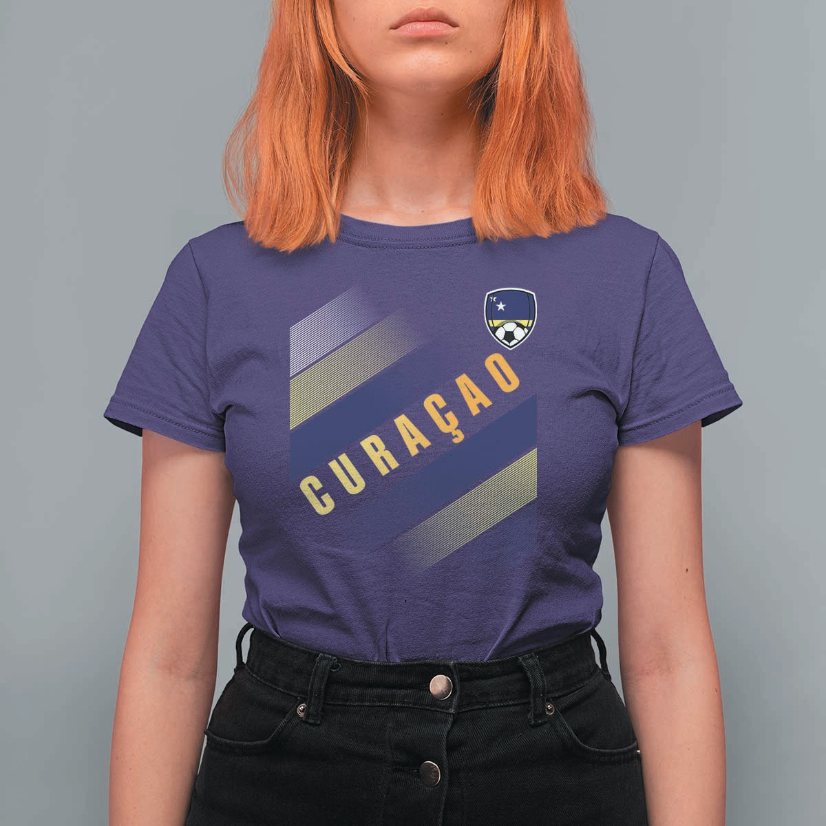 Curaçao Soccer Flag Stripe Jersey Style T Shirt For Women Football Fans Pride Support