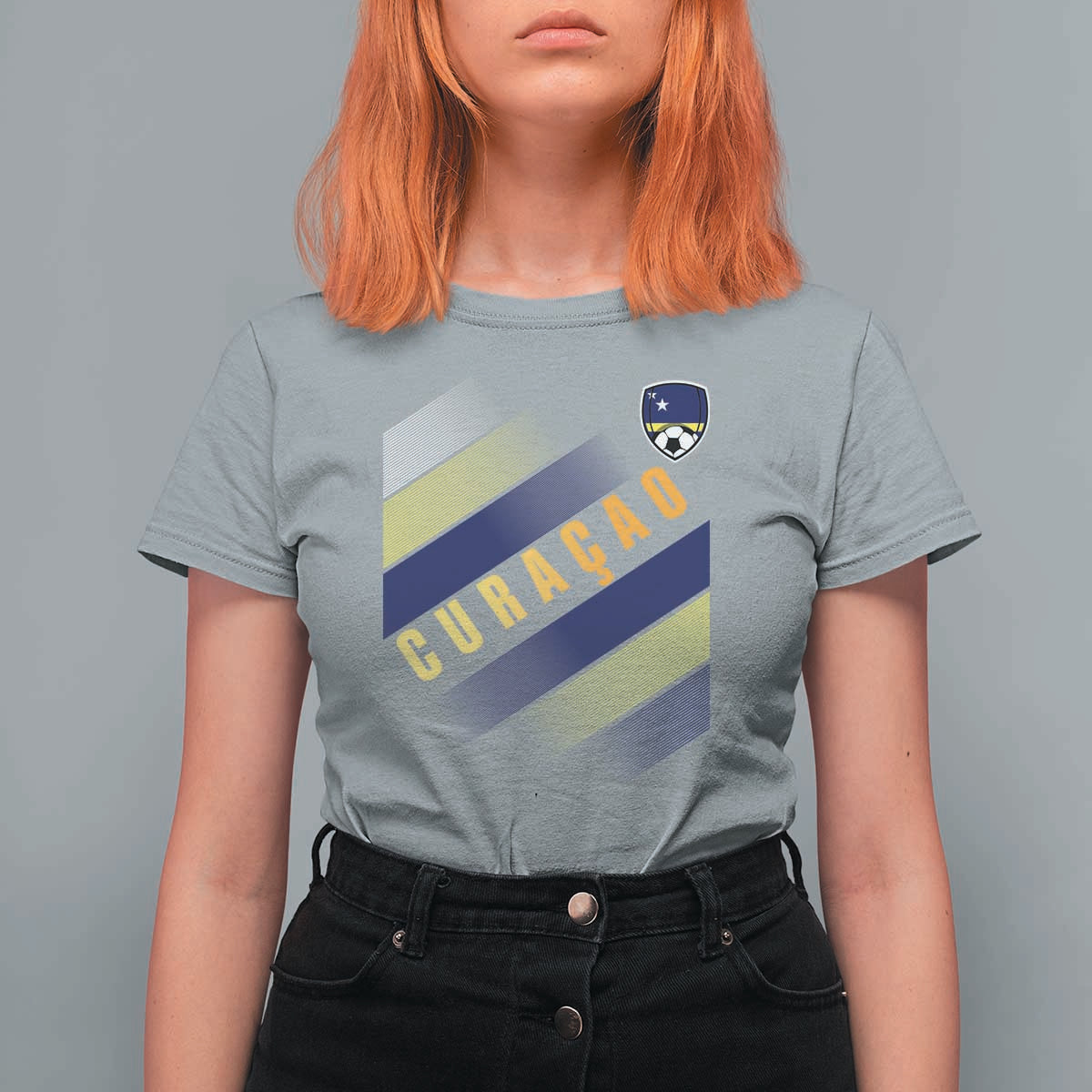 Curaçao Soccer Flag Stripe Jersey Style T Shirt For Women Football Fans Pride Support