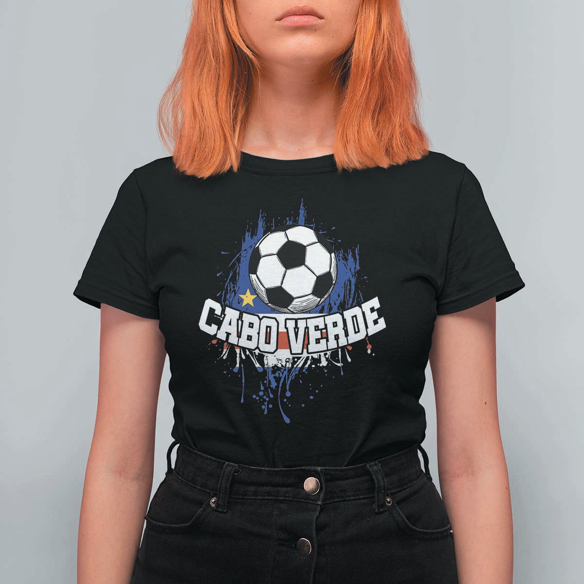 Cabo Verde Flag Football Graphic T Shirt For Women Cape Verde Soccer Fans Artistic Pride