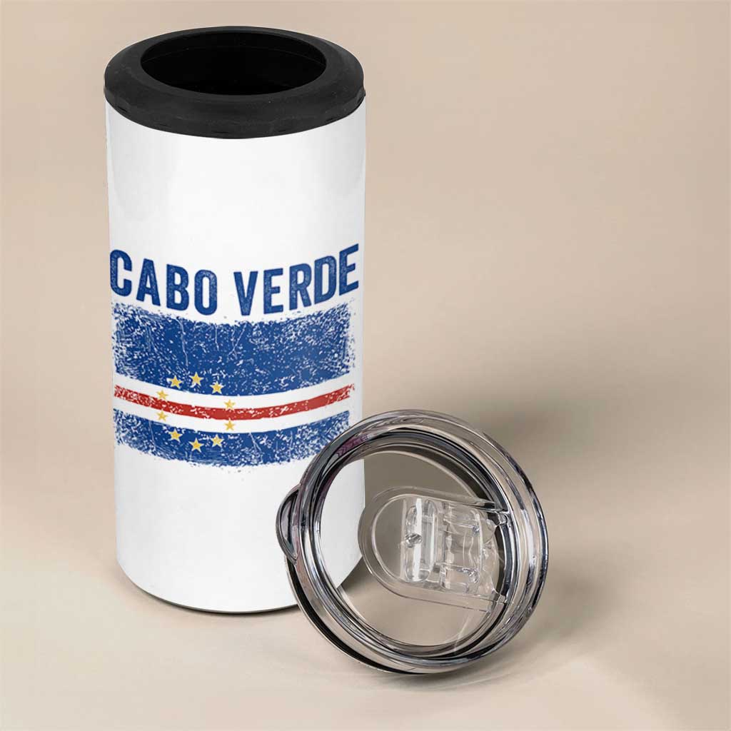 Cabo Verde Distressed Flag National Pride 4 in 1 Can Cooler Tumbler Cape Verde Heritage Pride Retro Grunge Graphic