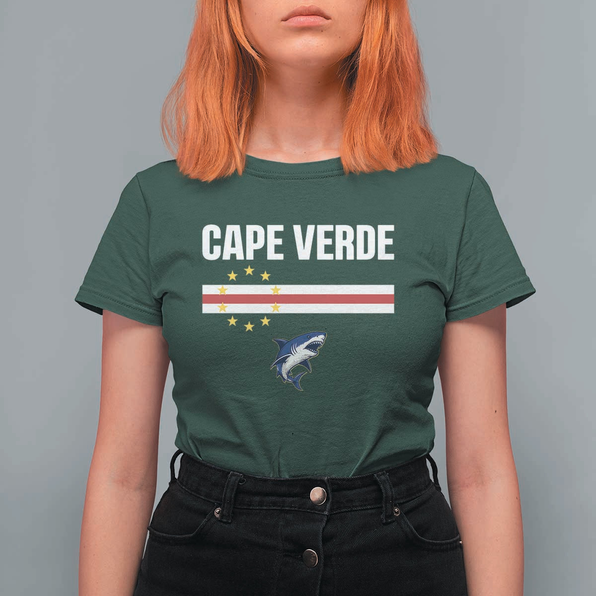 Cape Verde Flag Blue Shark Heritage T Shirt For Women Cabo Verde Verdean Pride Soccer Football Fans
