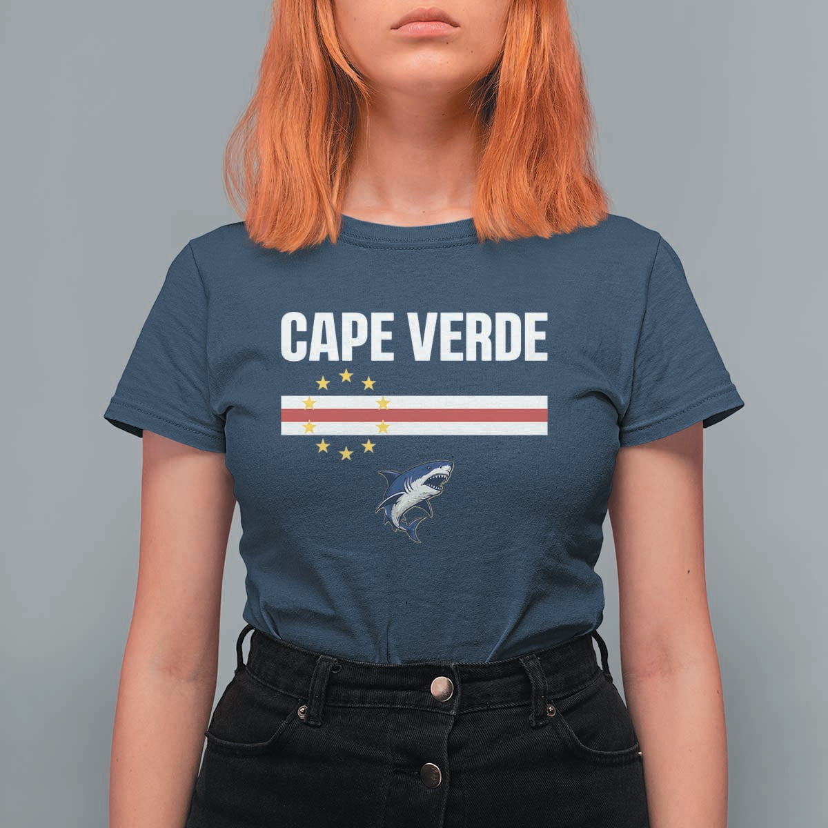 Cape Verde Flag Blue Shark Heritage T Shirt For Women Cabo Verde Verdean Pride Soccer Football Fans