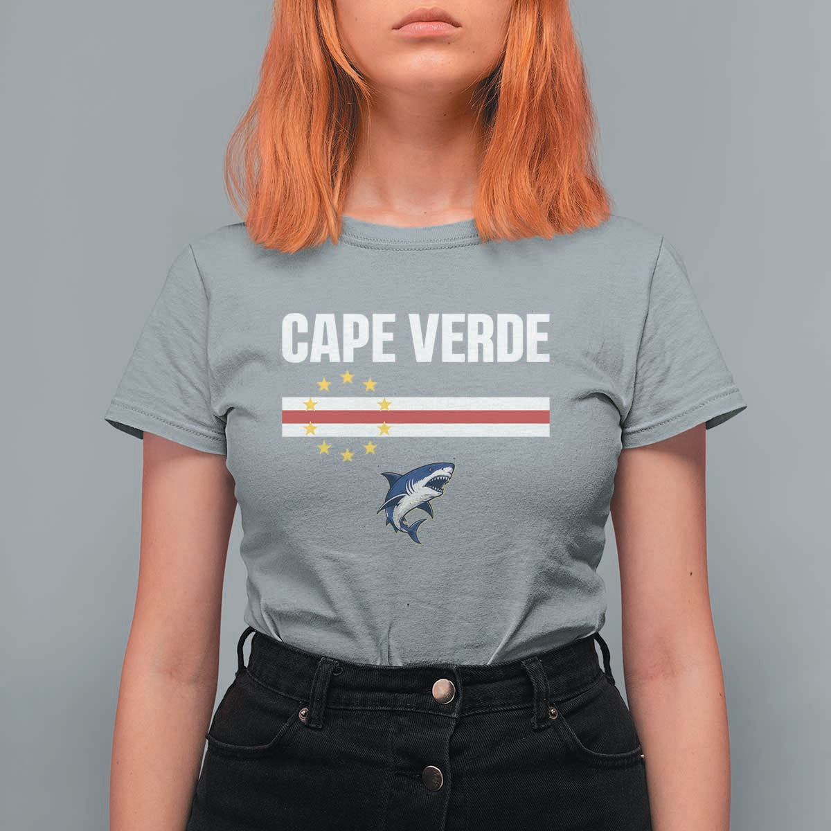 Cape Verde Flag Blue Shark Heritage T Shirt For Women Cabo Verde Verdean Pride Soccer Football Fans
