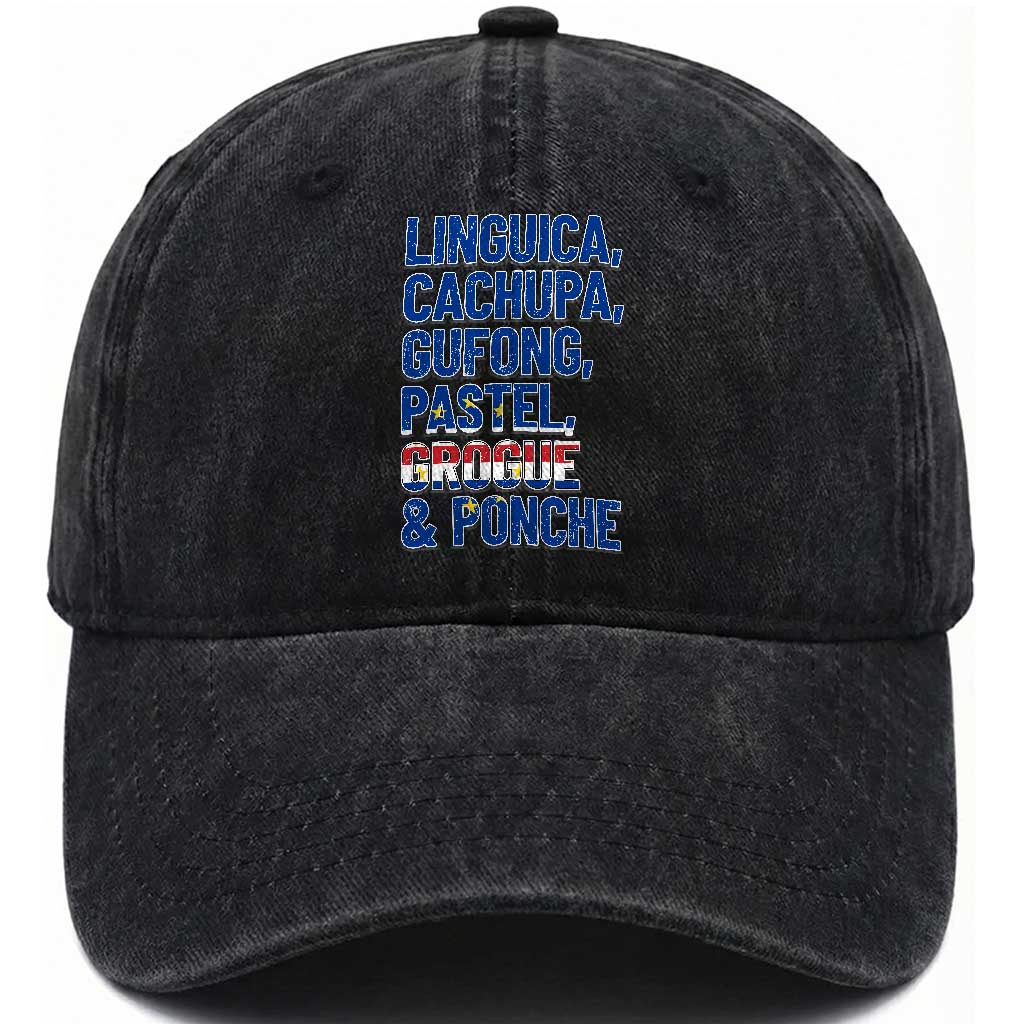 Cape Verde Traditional Food & Drinks List Washed Cotton Baseball Cap Cabo Verdean Cachupa Grogue Heritage Gift