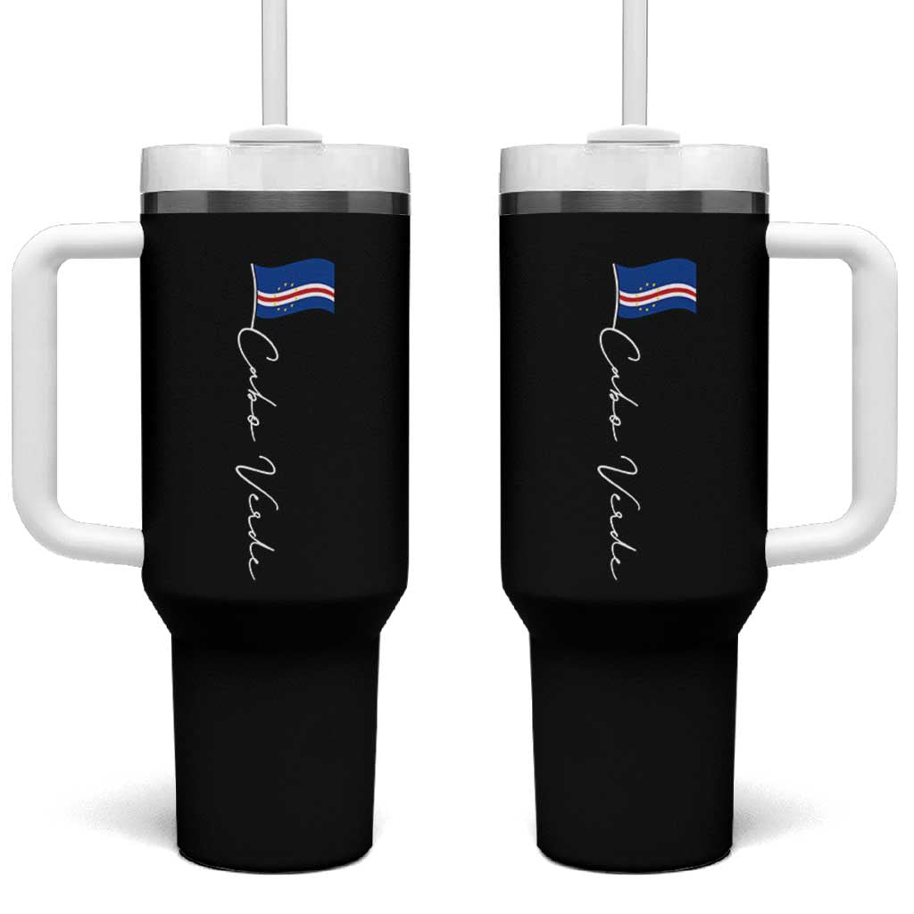 Cabo Verde Elegant Script Flag Graphic Tumbler With Handle Cape Verde Minimalist Cursive National Pride Gift