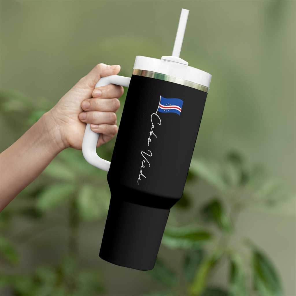Cabo Verde Elegant Script Flag Graphic Tumbler With Handle Cape Verde Minimalist Cursive National Pride Gift