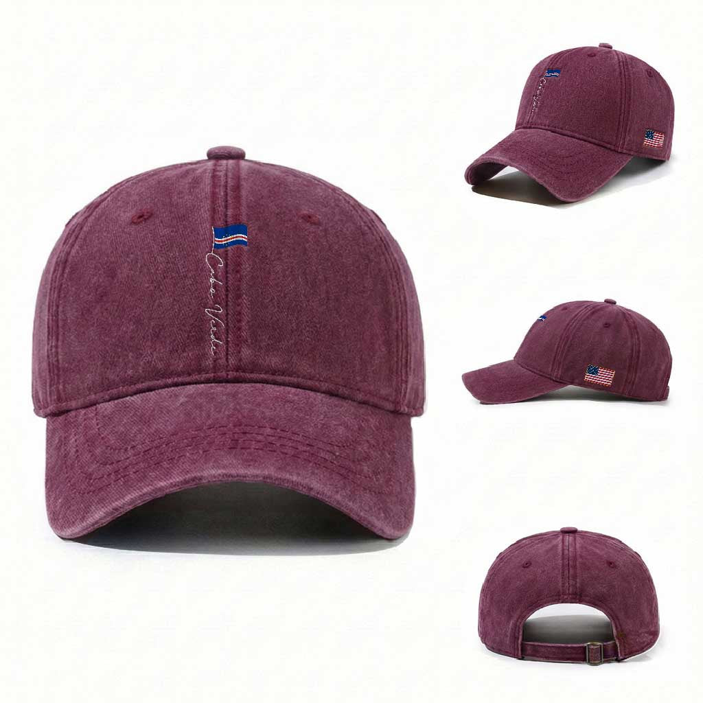 Cabo Verde Elegant Script Flag Graphic Washed Cotton Baseball Cap Cape Verde Minimalist Cursive National Pride Gift