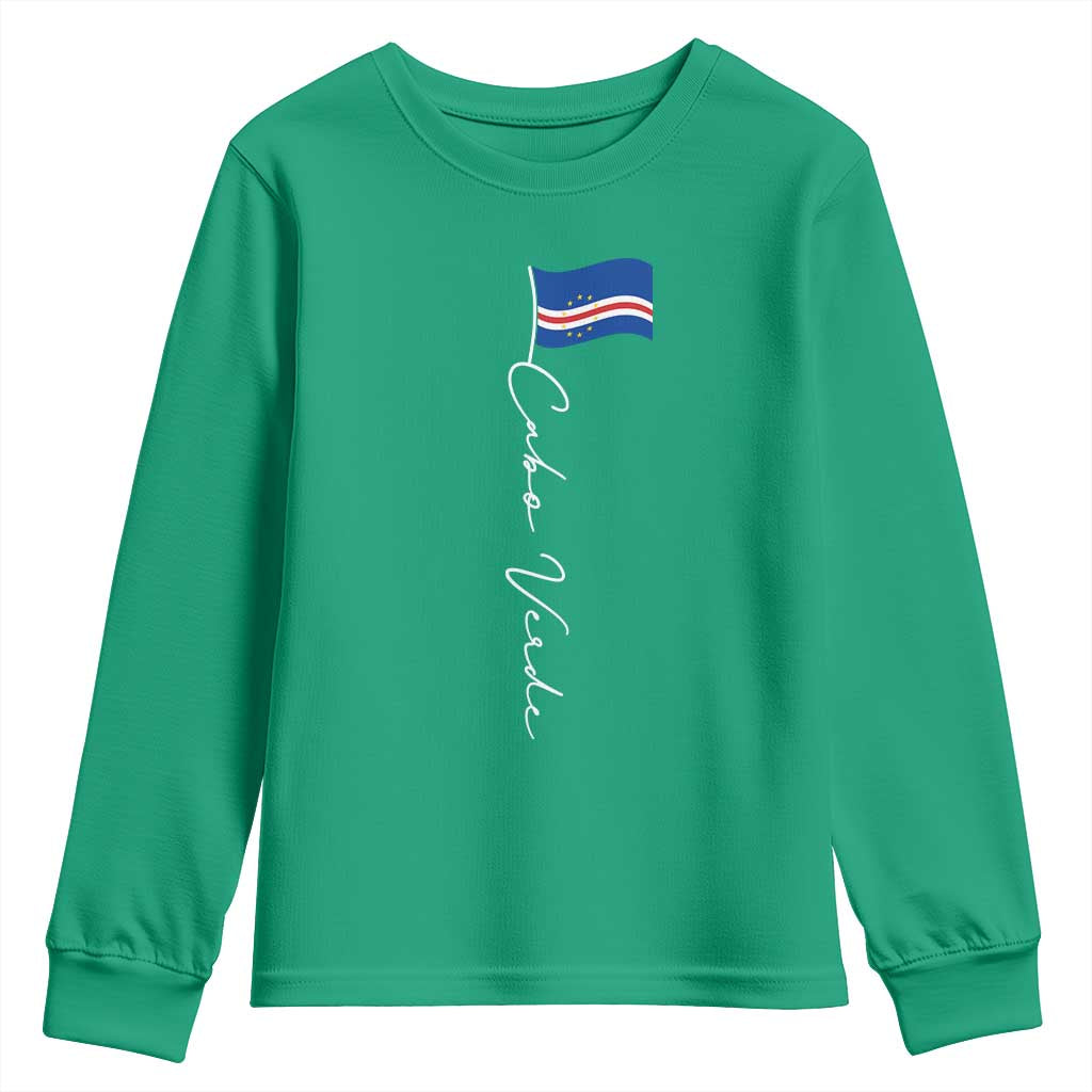 Cabo Verde Elegant Script Flag Graphic Youth Sweatshirt Cape Verde Minimalist Cursive National Pride Gift