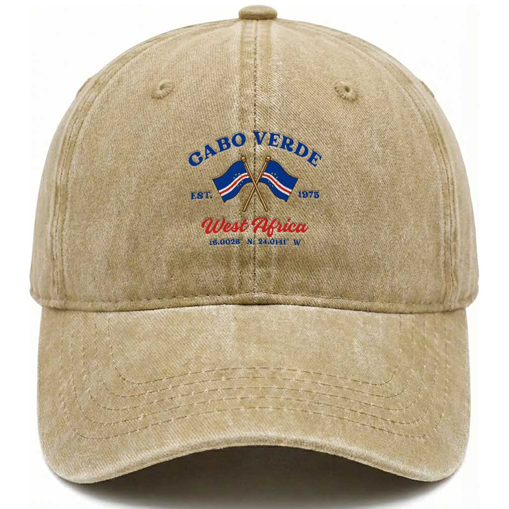 Cabo Verde West Africa Crossed Flags Washed Cotton Baseball Cap Cape Verde Est 1975 Retro National Pride