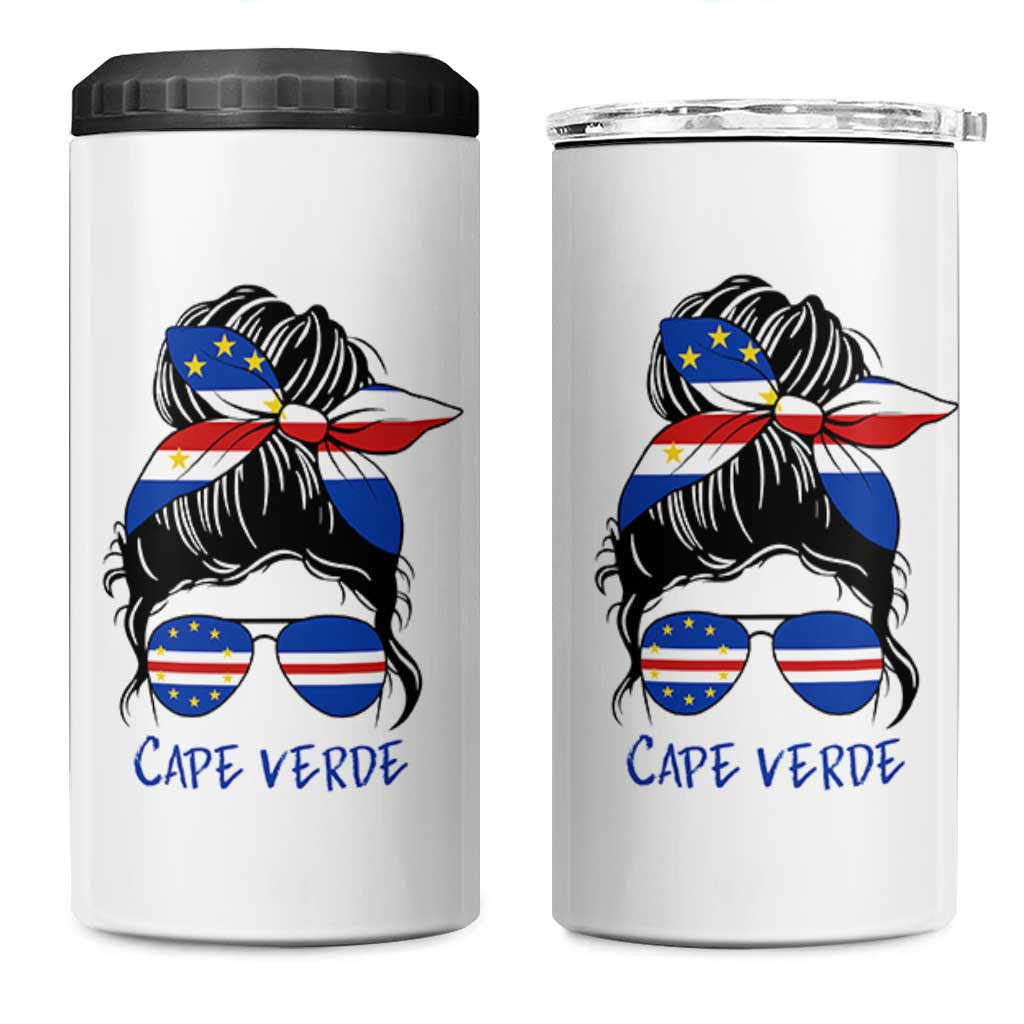 Cape Verde Messy Bun Girl Flag Sunglasses Graphic 4 in 1 Can Cooler Tumbler Cabo Verde Women National Pride Gift