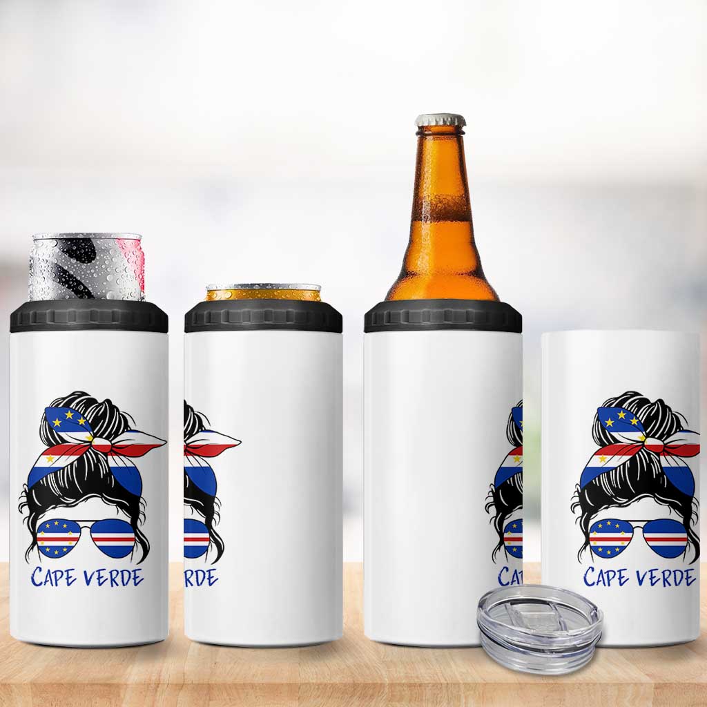 Cape Verde Messy Bun Girl Flag Sunglasses Graphic 4 in 1 Can Cooler Tumbler Cabo Verde Women National Pride Gift