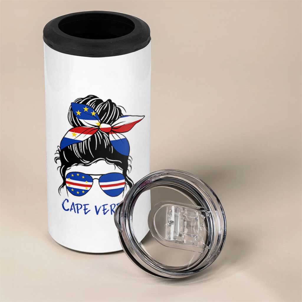 Cape Verde Messy Bun Girl Flag Sunglasses Graphic 4 in 1 Can Cooler Tumbler Cabo Verde Women National Pride Gift