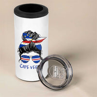 Cape Verde Messy Bun Girl Flag Sunglasses Graphic 4 in 1 Can Cooler Tumbler Cabo Verde Women National Pride Gift