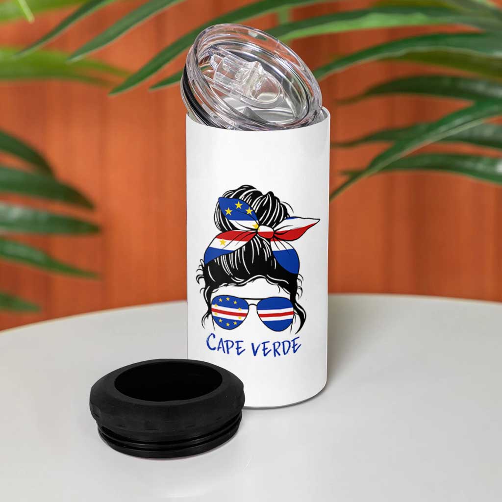 Cape Verde Messy Bun Girl Flag Sunglasses Graphic 4 in 1 Can Cooler Tumbler Cabo Verde Women National Pride Gift