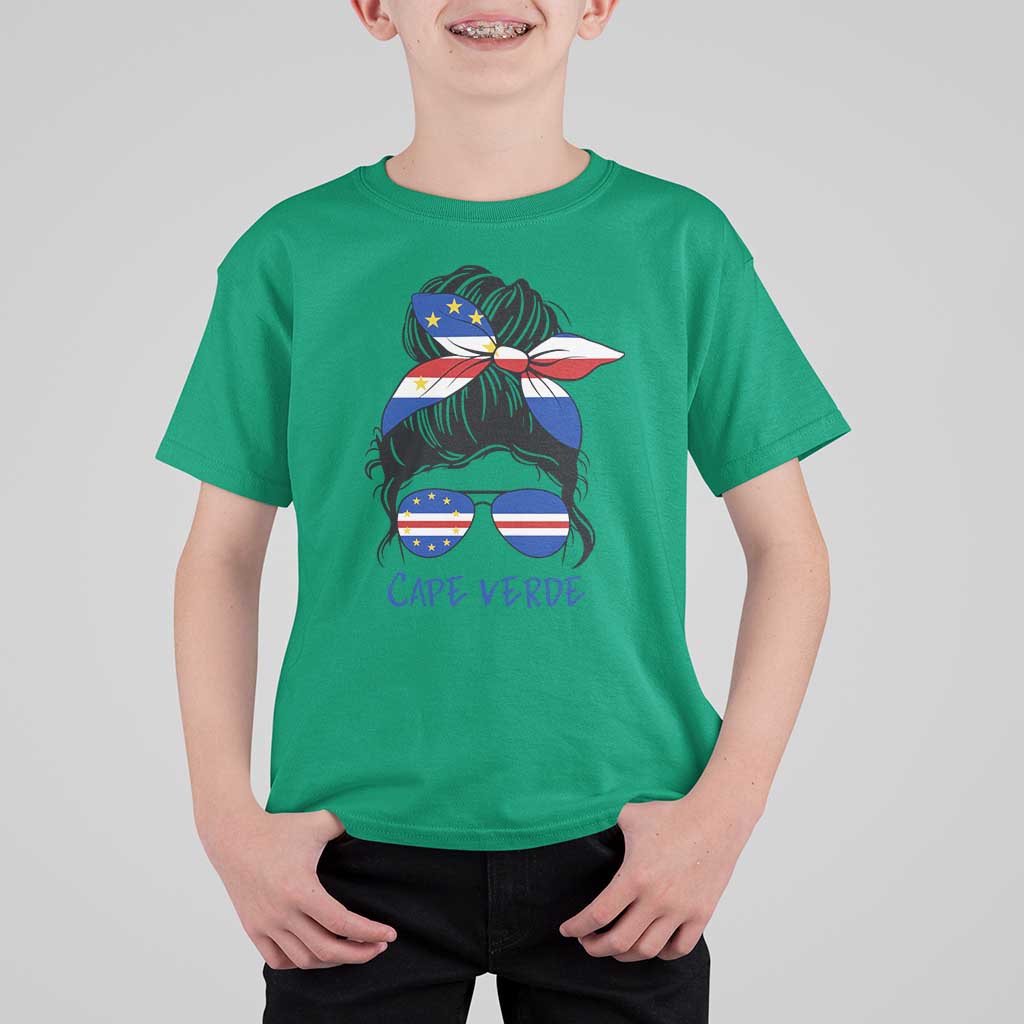 Cape Verde Messy Bun Girl Flag Sunglasses Graphic T Shirt For Kid Cabo Verde Women National Pride Gift