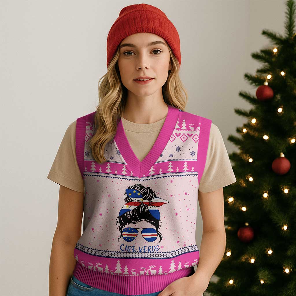 Cape Verde Messy Bun Girl Flag Sunglasses Graphic V-Neck Knit Sweater Vest Cabo Verde Women National Pride Gift