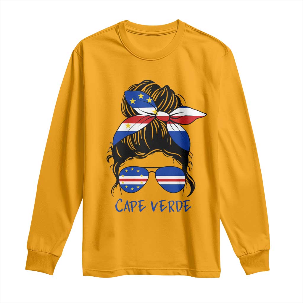 Cape Verde Messy Bun Girl Flag Sunglasses Graphic Long Sleeve Shirt Cabo Verde Women National Pride Gift