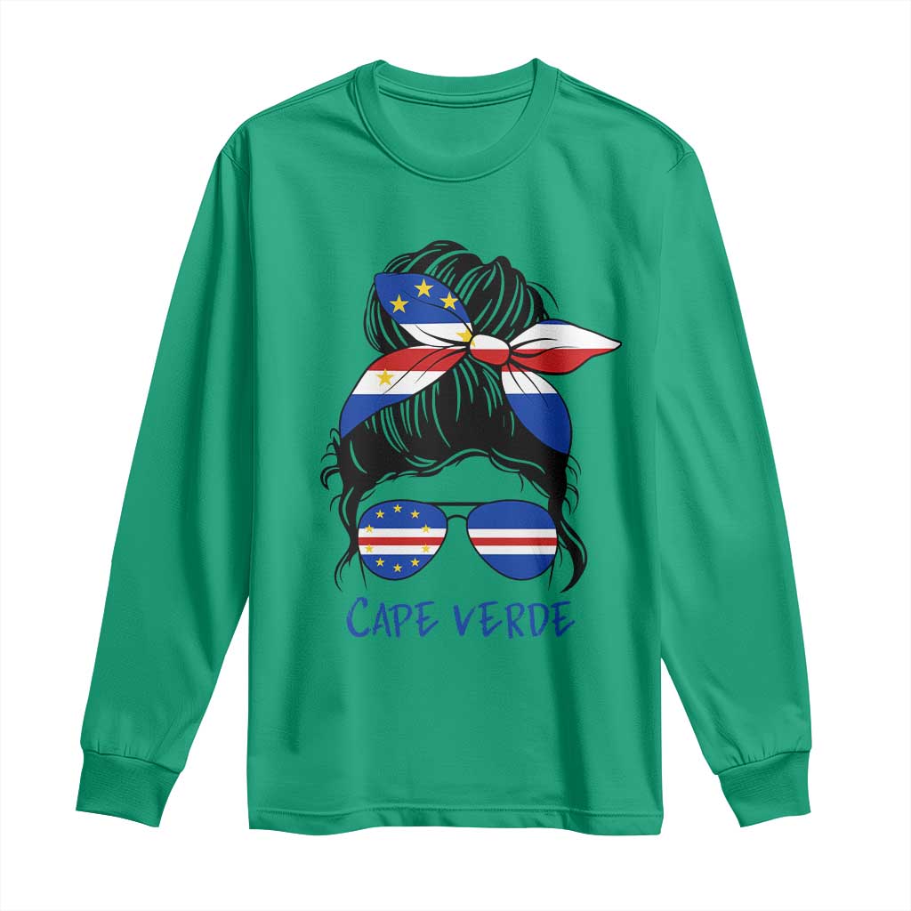 Cape Verde Messy Bun Girl Flag Sunglasses Graphic Long Sleeve Shirt Cabo Verde Women National Pride Gift