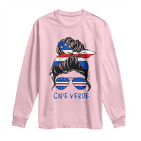 Cape Verde Messy Bun Girl Flag Sunglasses Graphic Long Sleeve Shirt Cabo Verde Women National Pride Gift