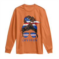 Cape Verde Messy Bun Girl Flag Sunglasses Graphic Long Sleeve Shirt Cabo Verde Women National Pride Gift