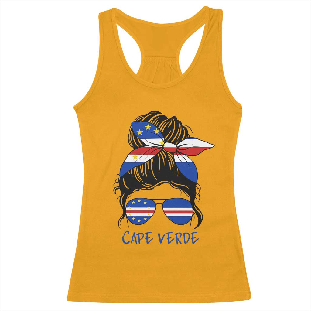Cape Verde Messy Bun Girl Flag Sunglasses Graphic Racerback Tank Top Cabo Verde Women National Pride Gift