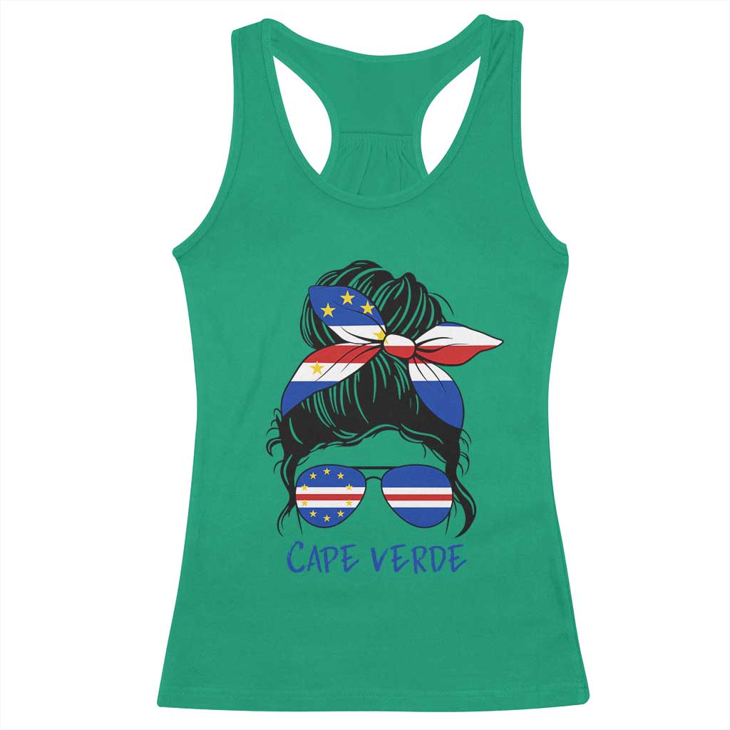 Cape Verde Messy Bun Girl Flag Sunglasses Graphic Racerback Tank Top Cabo Verde Women National Pride Gift
