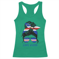Cape Verde Messy Bun Girl Flag Sunglasses Graphic Racerback Tank Top Cabo Verde Women National Pride Gift