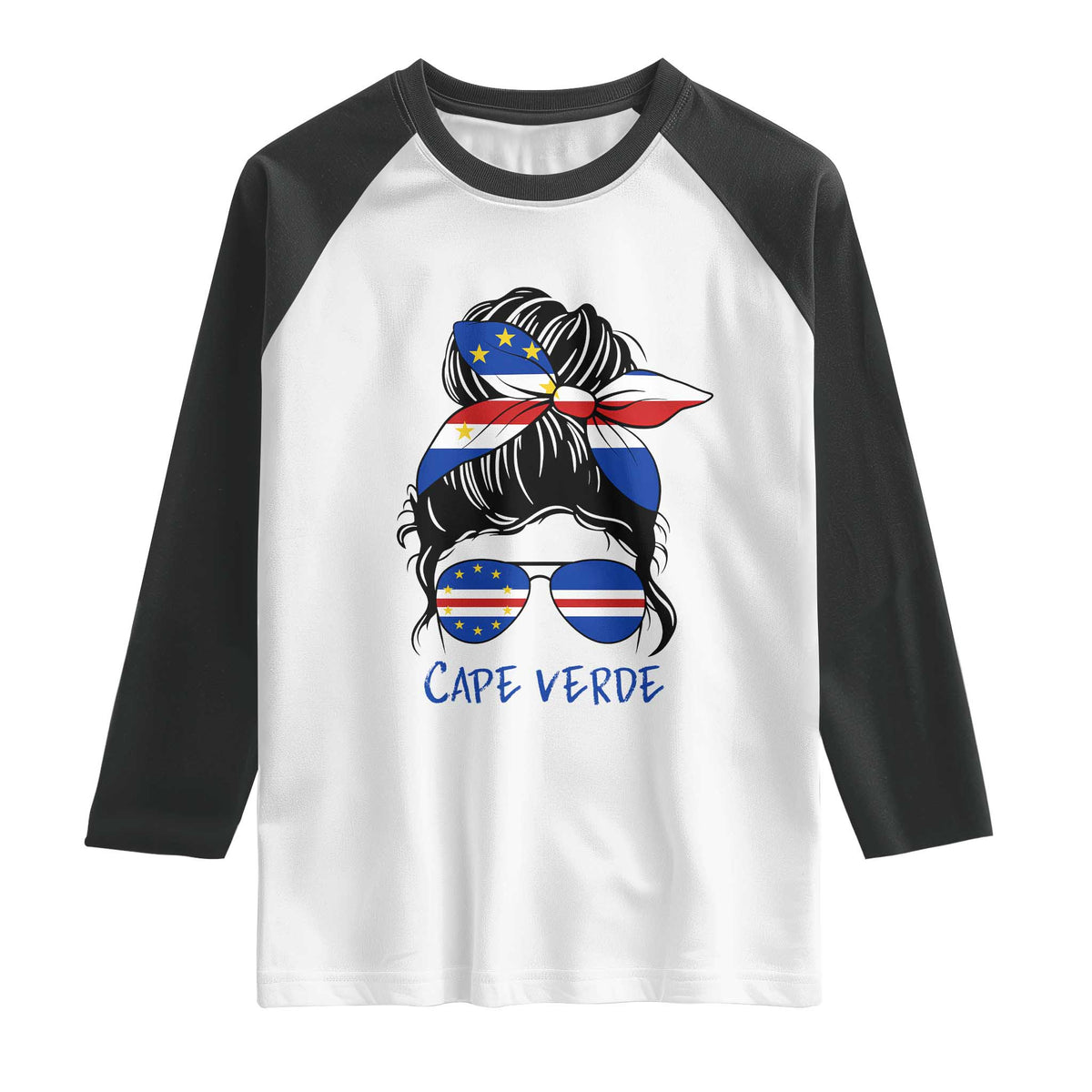 Cape Verde Messy Bun Girl Flag Sunglasses Graphic Raglan Shirt Cabo Verde Women National Pride Gift
