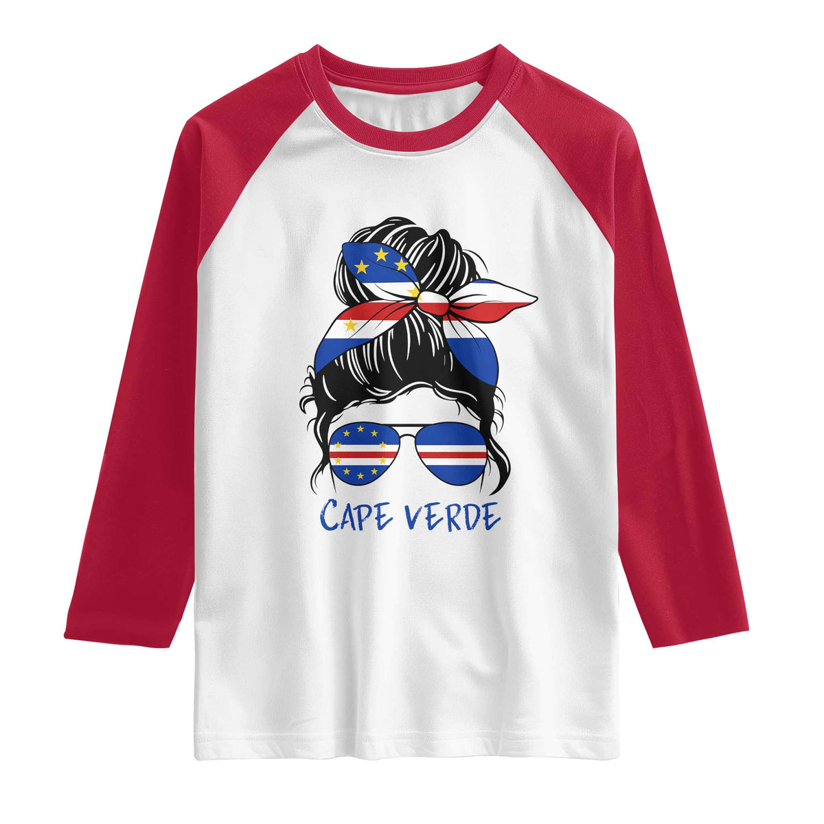 Cape Verde Messy Bun Girl Flag Sunglasses Graphic Raglan Shirt Cabo Verde Women National Pride Gift