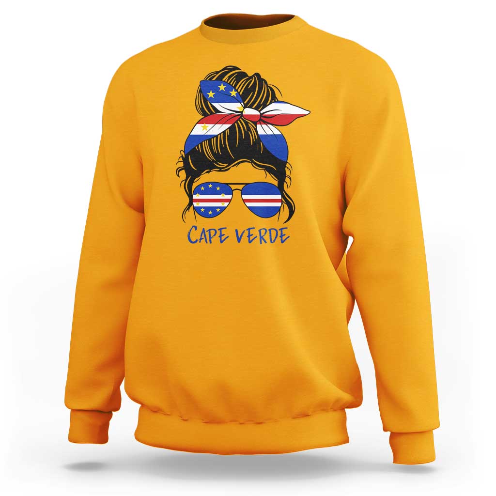 Cape Verde Messy Bun Girl Flag Sunglasses Graphic Sweatshirt Cabo Verde Women National Pride Gift