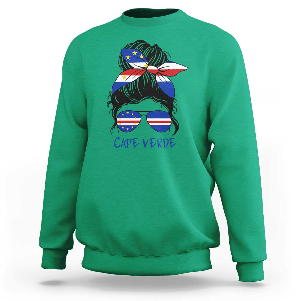 Cape Verde Messy Bun Girl Flag Sunglasses Graphic Sweatshirt Cabo Verde Women National Pride Gift