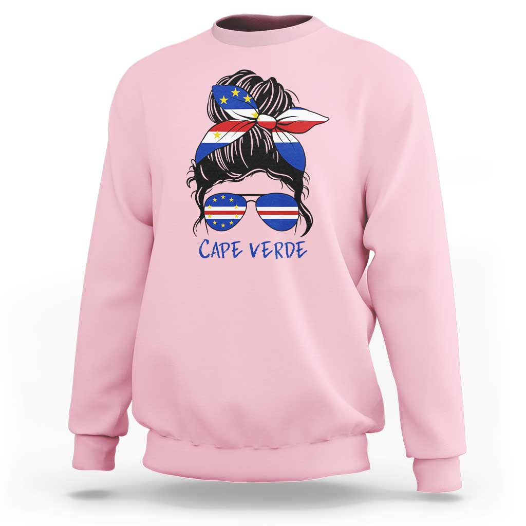 Cape Verde Messy Bun Girl Flag Sunglasses Graphic Sweatshirt Cabo Verde Women National Pride Gift