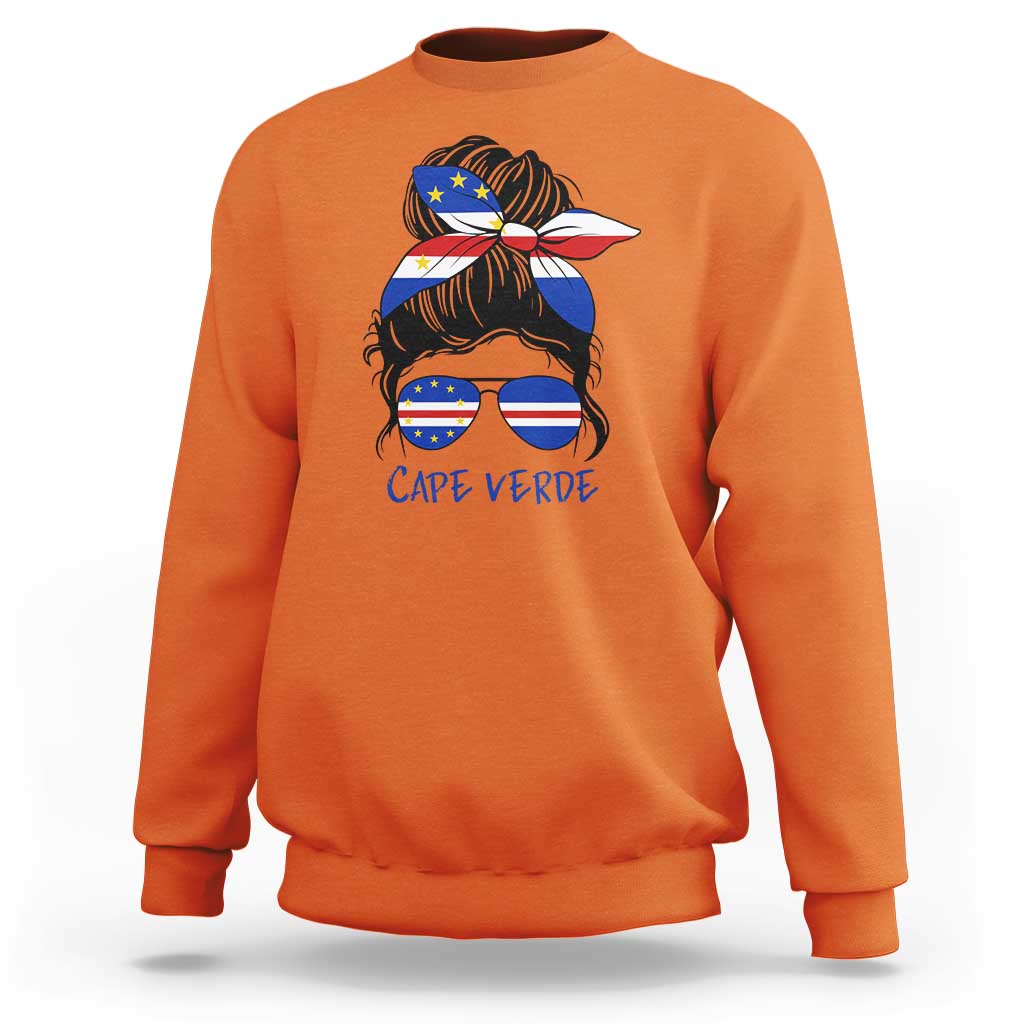 Cape Verde Messy Bun Girl Flag Sunglasses Graphic Sweatshirt Cabo Verde Women National Pride Gift