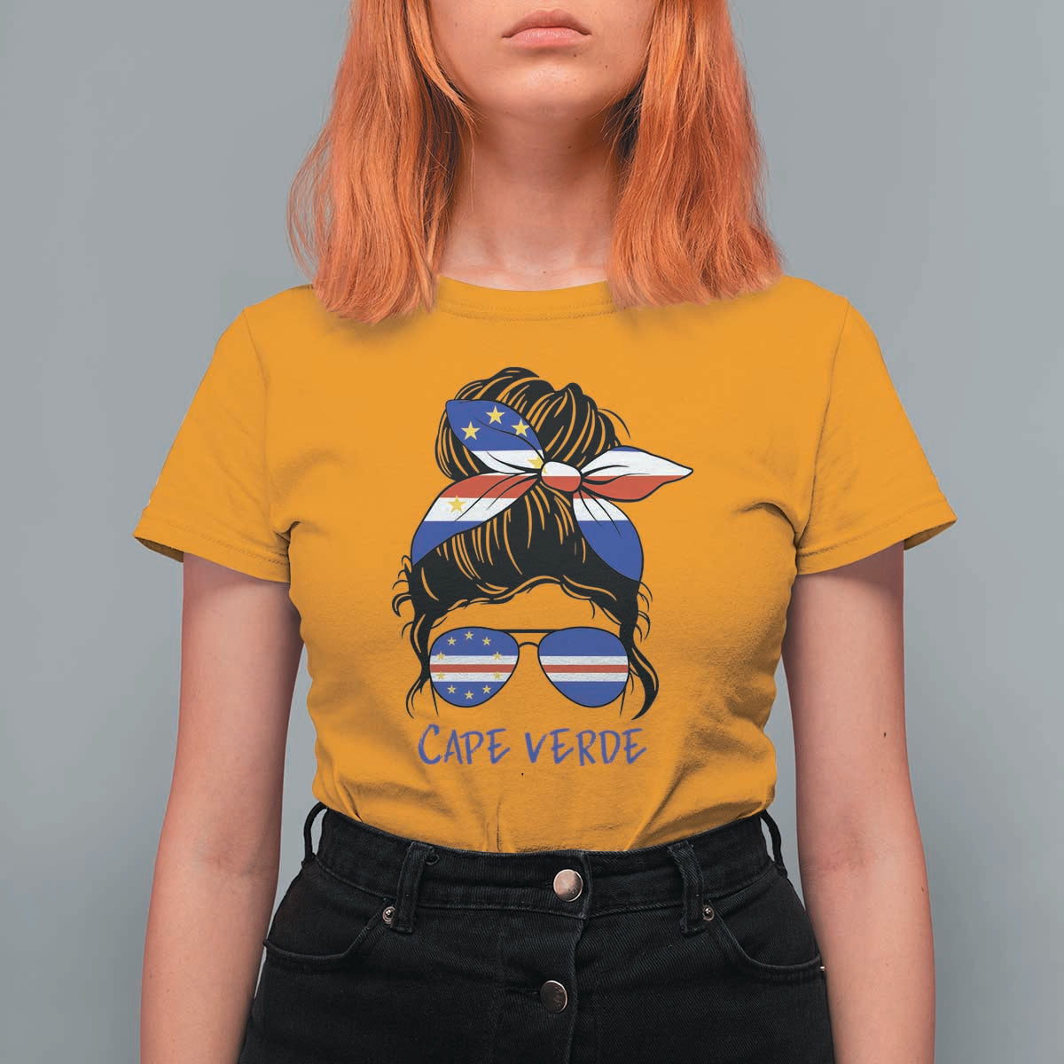 Cape Verde Messy Bun Girl Flag Sunglasses Graphic T Shirt For Women Cabo Verde Women National Pride Gift
