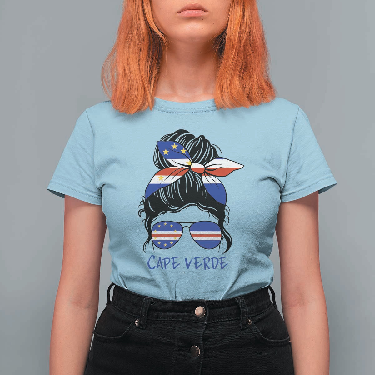Cape Verde Messy Bun Girl Flag Sunglasses Graphic T Shirt For Women Cabo Verde Women National Pride Gift
