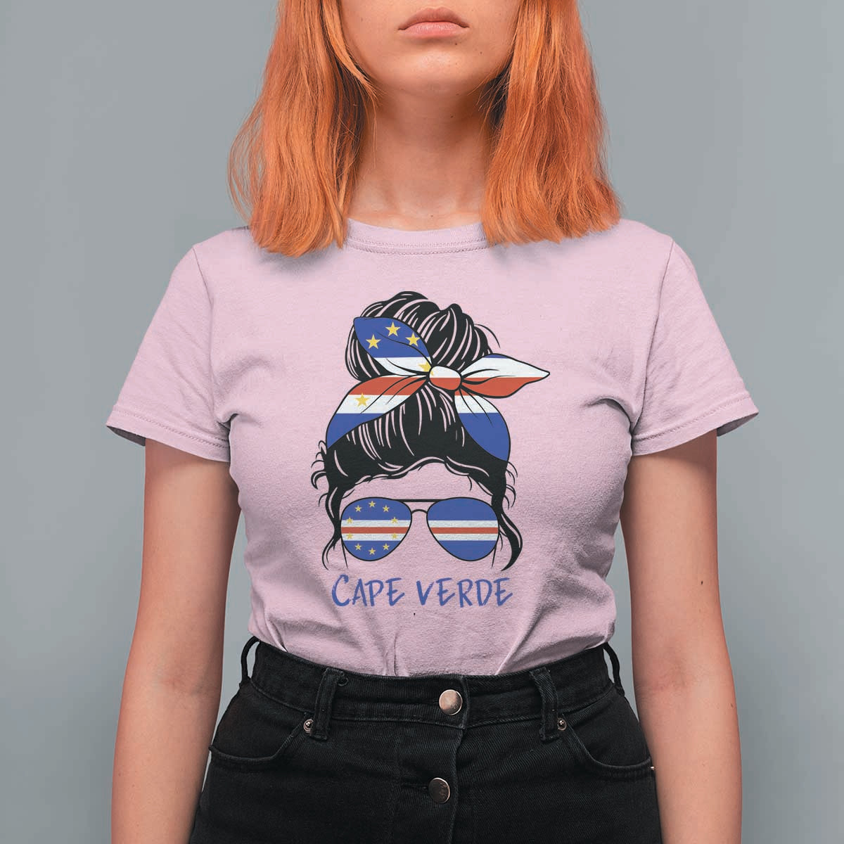 Cape Verde Messy Bun Girl Flag Sunglasses Graphic T Shirt For Women Cabo Verde Women National Pride Gift