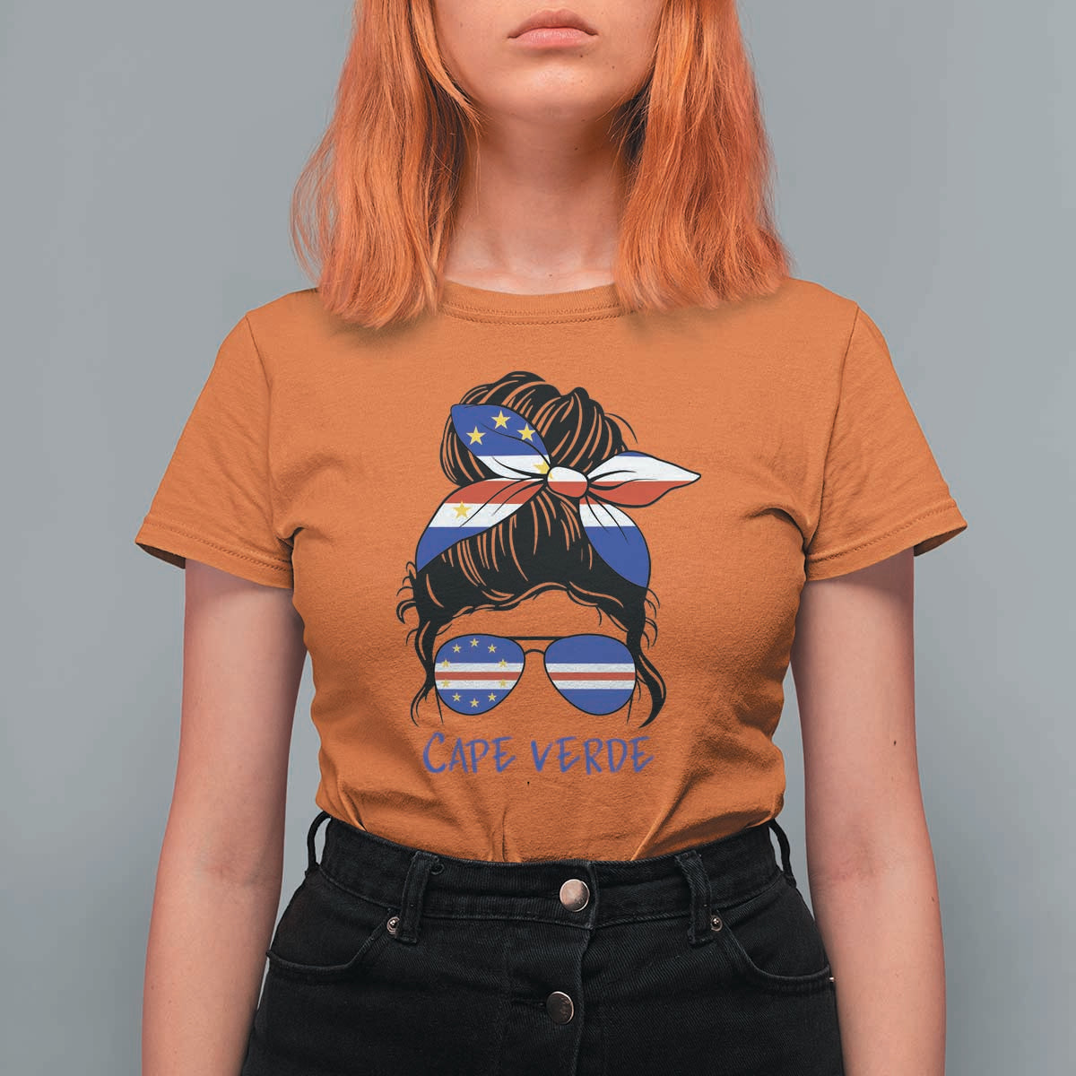 Cape Verde Messy Bun Girl Flag Sunglasses Graphic T Shirt For Women Cabo Verde Women National Pride Gift