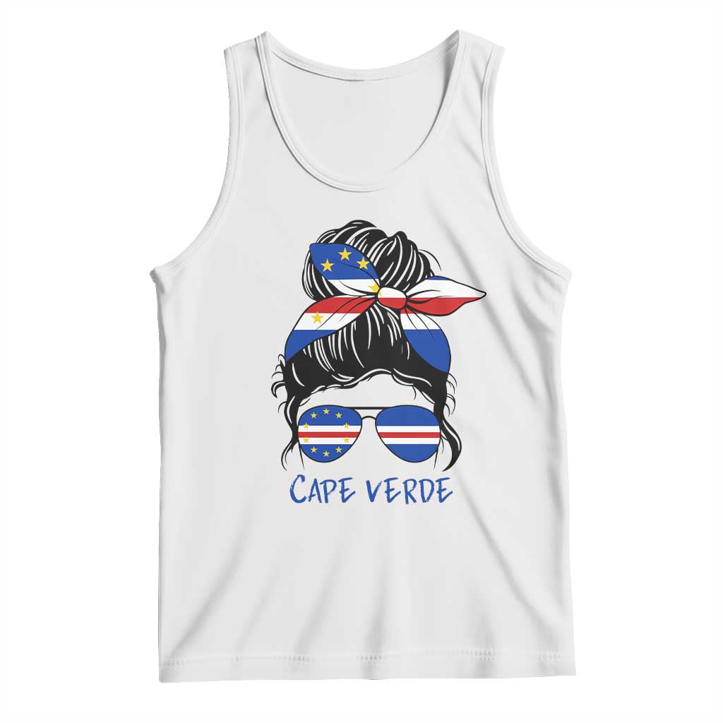 Cape Verde Messy Bun Girl Flag Sunglasses Graphic Tank Top Cabo Verde Women National Pride Gift