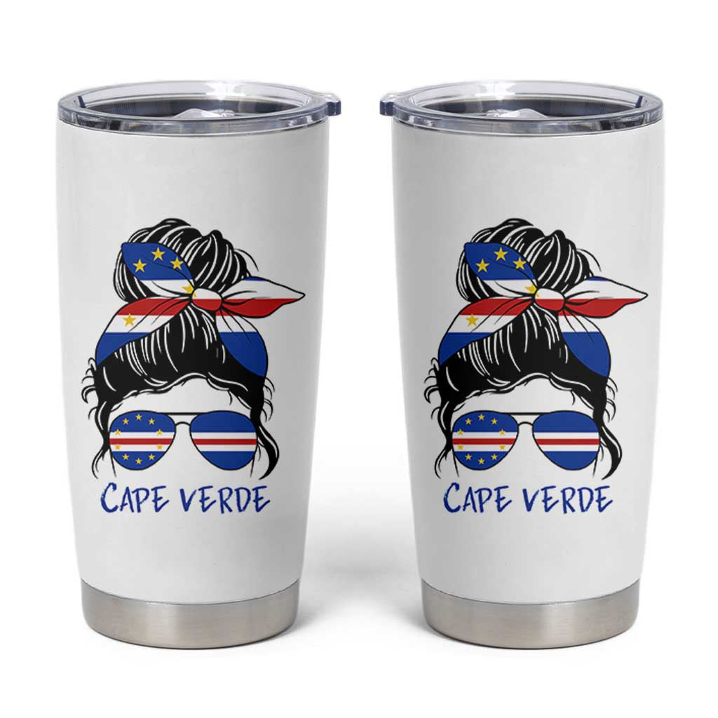 Cape Verde Messy Bun Girl Flag Sunglasses Graphic Tumbler Cup Cabo Verde Women National Pride Gift