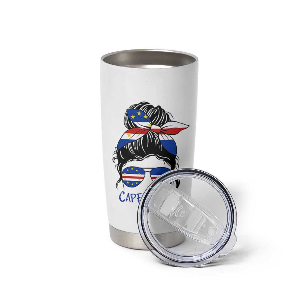 Cape Verde Messy Bun Girl Flag Sunglasses Graphic Tumbler Cup Cabo Verde Women National Pride Gift