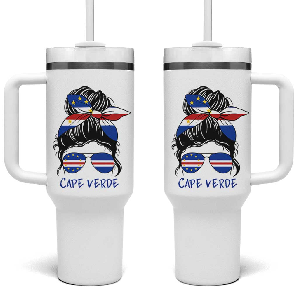 Cape Verde Messy Bun Girl Flag Sunglasses Graphic Tumbler With Handle Cabo Verde Women National Pride Gift