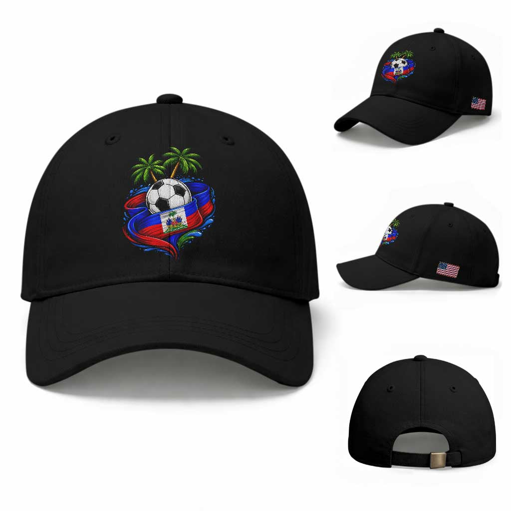Haitian Flag Soccer Ball Graphic Baseball Cap Tropical Palm Trees Caribbean Haiti Football Fans Pride