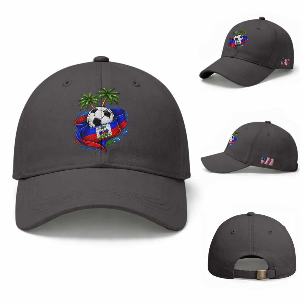 Haitian Flag Soccer Ball Graphic Baseball Cap Tropical Palm Trees Caribbean Haiti Football Fans Pride