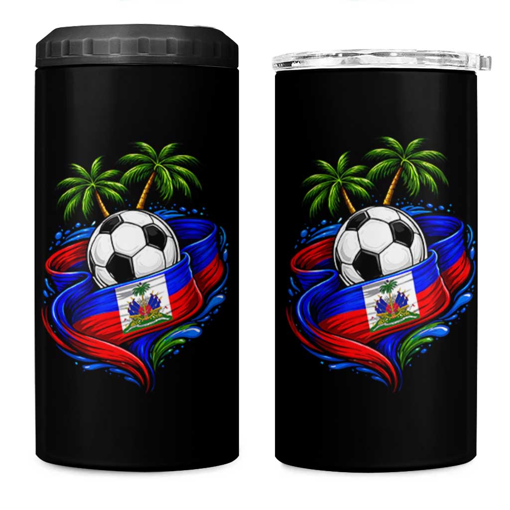 Haitian Flag Soccer Ball Graphic 4 in 1 Can Cooler Tumbler Tropical Palm Trees Caribbean Haiti Football Fans Pride